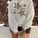 Ezwear sudadera holgada con capucha de felpa gruesa con estampado minimalista casual de leopardo y estrella en blanco para mujeres