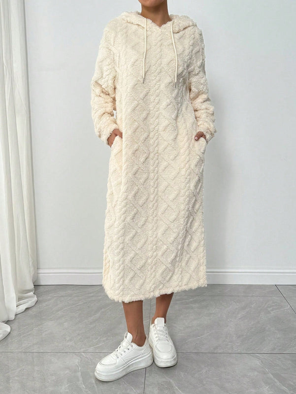 Relaxiva vestido sudadera casual de felpa con capucha, manga larga, bajo con abertura, cordon ajustable, estampado de lema para mujer, otono/invierno