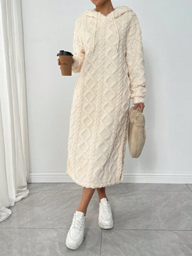 Relaxiva vestido sudadera casual de felpa con capucha, manga larga, bajo con abertura, cordon ajustable, estampado de lema para mujer, otono/invierno