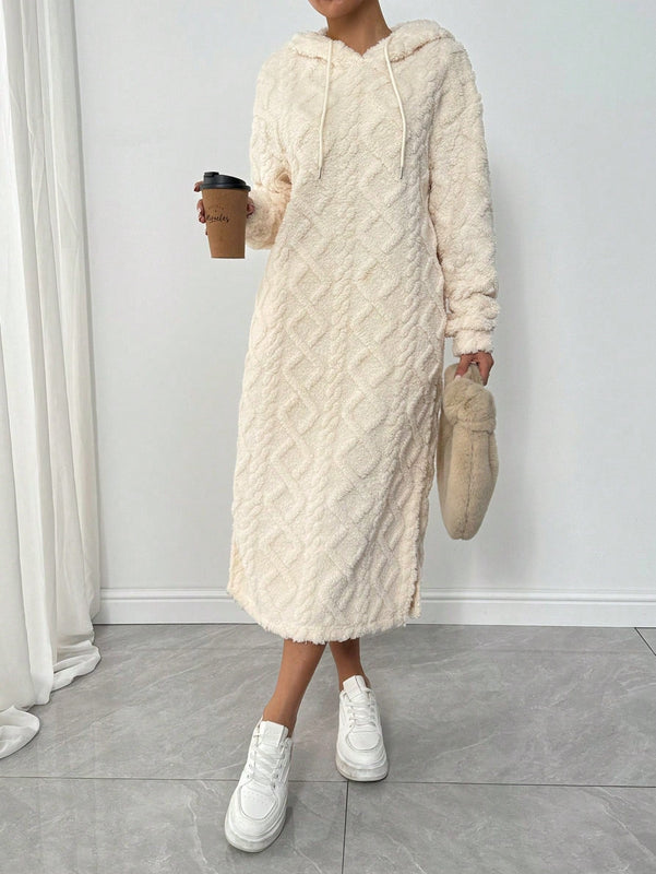 Relaxiva vestido sudadera casual de felpa con capucha, manga larga, bajo con abertura, cordon ajustable, estampado de lema para mujer, otono/invierno