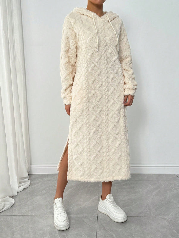 Relaxiva vestido sudadera casual de felpa con capucha, manga larga, bajo con abertura, cordon ajustable, estampado de lema para mujer, otono/invierno