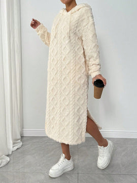 Relaxiva vestido sudadera casual de felpa con capucha, manga larga, bajo con abertura, cordon ajustable, estampado de lema para mujer, otono/invierno