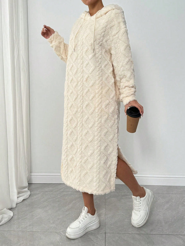 Relaxiva vestido sudadera casual de felpa con capucha, manga larga, bajo con abertura, cordon ajustable, estampado de lema para mujer, otono/invierno