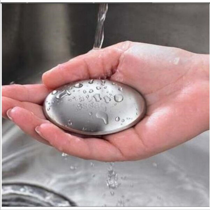 Barra de acero inoxidable para eliminar olores, jabón de manos ovalado para cocina, herramienta mágica del chef para desodorizar y quitar olores a ajo, cebolla y pescado - Incluye jabonera de metal duradera