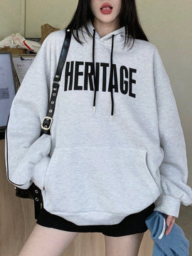 Dazy sudadera con capucha casual holgada de manga larga y hombros caidos con estampado de letras, ropa de calle de otono para mujer