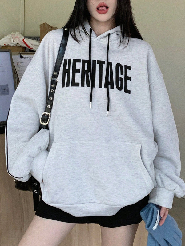 Dazy sudadera con capucha casual holgada de manga larga y hombros caidos con estampado de letras, ropa de calle de otono para mujer