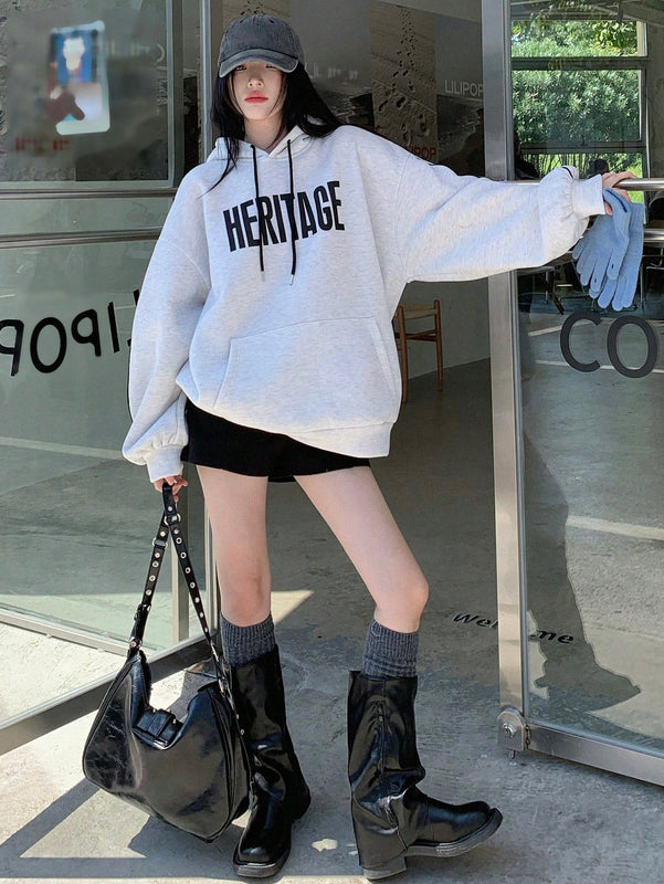 Dazy sudadera con capucha casual holgada de manga larga y hombros caidos con estampado de letras, ropa de calle de otono para mujer