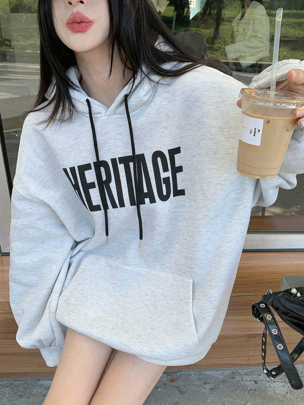 Dazy sudadera con capucha casual holgada de manga larga y hombros caidos con estampado de letras, ropa de calle de otono para mujer