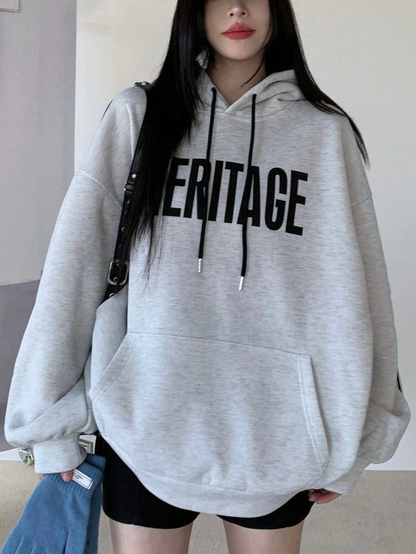 Dazy sudadera con capucha casual holgada de manga larga y hombros caidos con estampado de letras, ropa de calle de otono para mujer