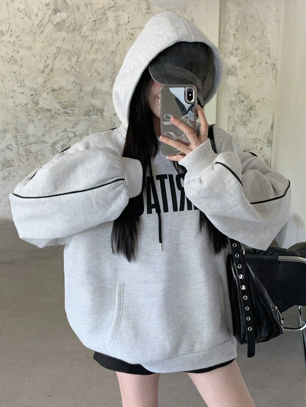 Dazy sudadera con capucha casual holgada de manga larga y hombros caidos con estampado de letras, ropa de calle de otono para mujer