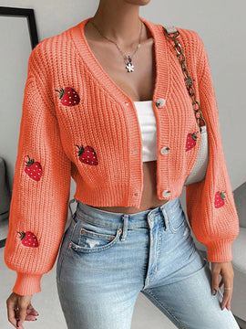 Moosta cardigan holgado de mujer con mangas farol, hombros caidos y bordado de fresa de estilo casual