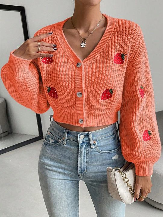 Moosta cardigan holgado de mujer con mangas farol, hombros caidos y bordado de fresa de estilo casual