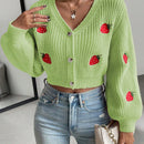 Moosta cardigan holgado de mujer con mangas farol, hombros caidos y bordado de fresa de estilo casual
