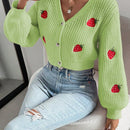 Moosta cardigan holgado de mujer con mangas farol, hombros caidos y bordado de fresa de estilo casual