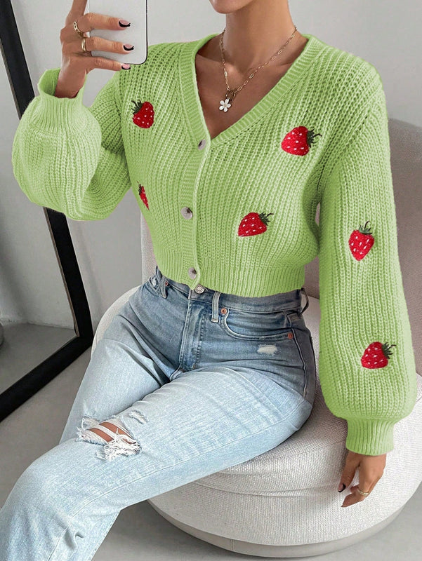 Moosta cardigan holgado de mujer con mangas farol, hombros caidos y bordado de fresa de estilo casual