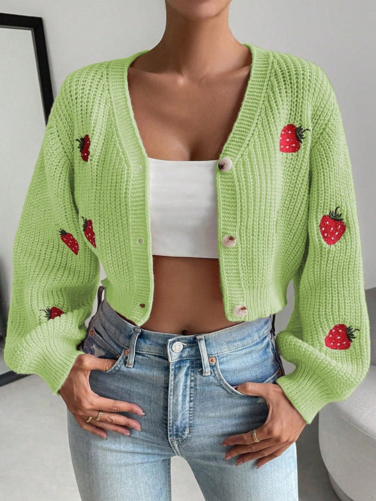 Moosta cardigan holgado de mujer con mangas farol, hombros caidos y bordado de fresa de estilo casual