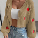 Moosta cardigan holgado de mujer con mangas farol, hombros caidos y bordado de fresa de estilo casual