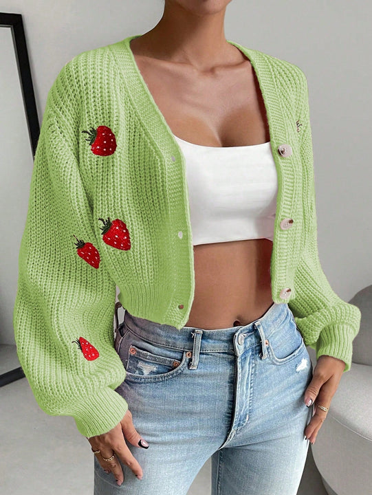 Moosta cardigan holgado de mujer con mangas farol, hombros caidos y bordado de fresa de estilo casual