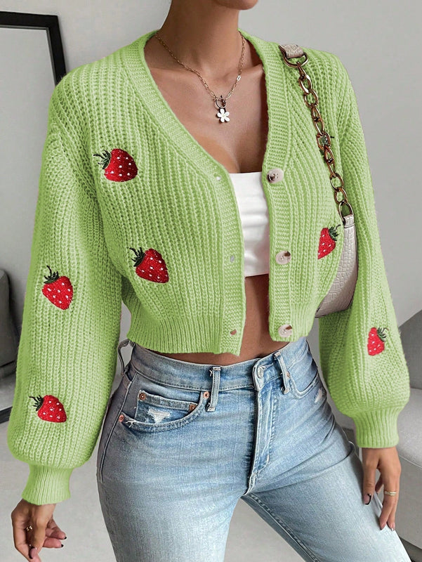 Moosta cardigan holgado de mujer con mangas farol, hombros caidos y bordado de fresa de estilo casual