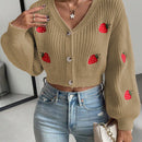 Moosta cardigan holgado de mujer con mangas farol, hombros caidos y bordado de fresa de estilo casual