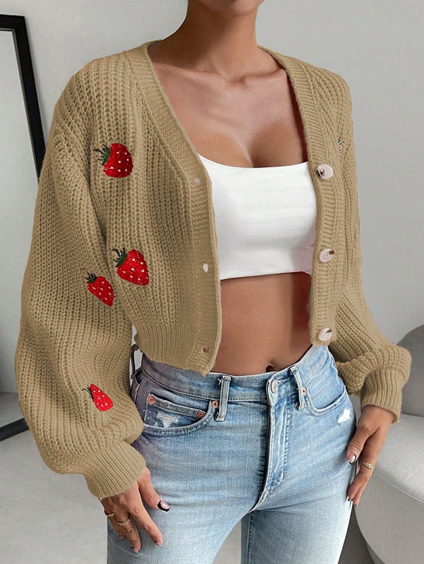 Moosta cardigan holgado de mujer con mangas farol, hombros caidos y bordado de fresa de estilo casual