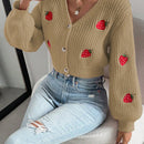Moosta cardigan holgado de mujer con mangas farol, hombros caidos y bordado de fresa de estilo casual