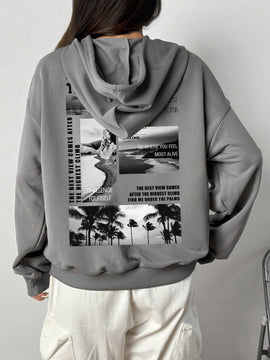 Ezwear sudadera con capucha informal con estampado de paisaje y letras oversize para otono e invierno