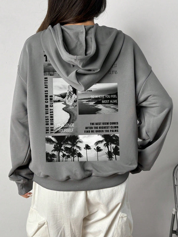 Ezwear sudadera con capucha informal con estampado de paisaje y letras oversize para otono e invierno