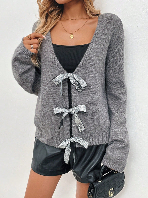 Clasi chaqueta de punto holgada con lazo en el frente para mujer