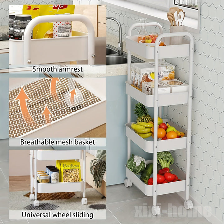 Carrito de almacenamiento metálico rodante de 3 niveles para champán, organizador versátil para cocina, baño, dormitorio – Reposabrazos suave, canastas de malla transpirable, estantes deslizantes, instalación en piso, organizador de dormitorio, canasta c