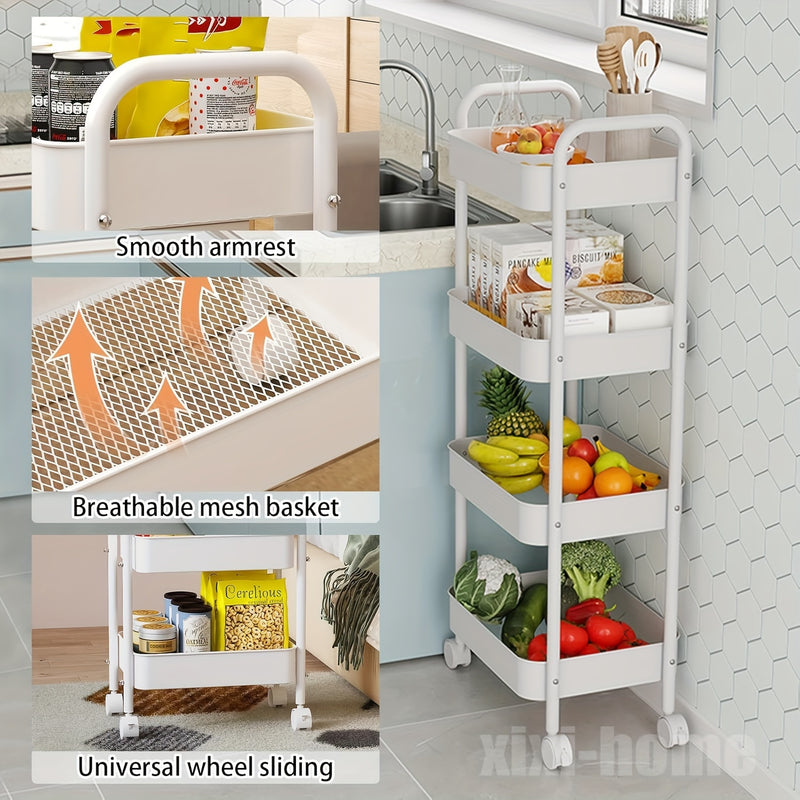 Carrito de almacenamiento metálico rodante de 3 niveles para champán, organizador versátil para cocina, baño, dormitorio – Reposabrazos suave, canastas de malla transpirable, estantes deslizantes, instalación en piso, organizador de dormitorio, canasta c