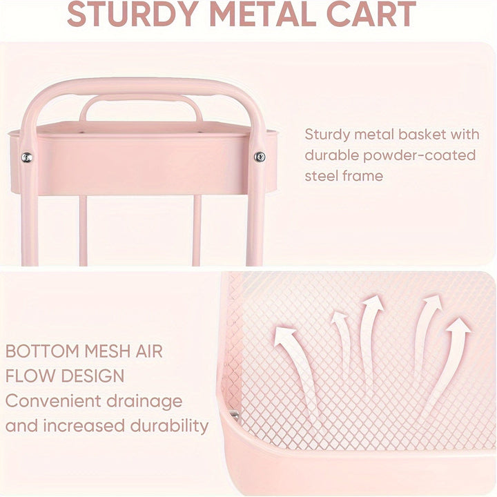 Carrito de almacenamiento metálico rodante de 3 niveles para champán, organizador versátil para cocina, baño, dormitorio – Reposabrazos suave, canastas de malla transpirable, estantes deslizantes, instalación en piso, organizador de dormitorio, canasta c