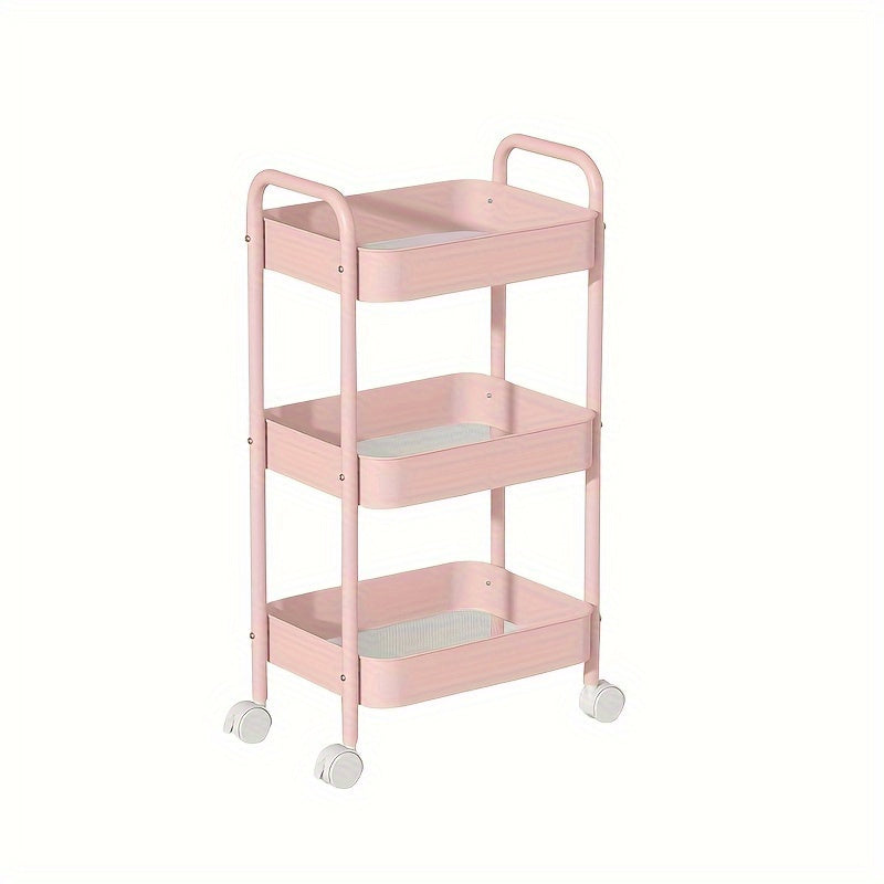Carrito de almacenamiento metálico rodante de 3 niveles para champán, organizador versátil para cocina, baño, dormitorio – Reposabrazos suave, canastas de malla transpirable, estantes deslizantes, instalación en piso, organizador de dormitorio, canasta c