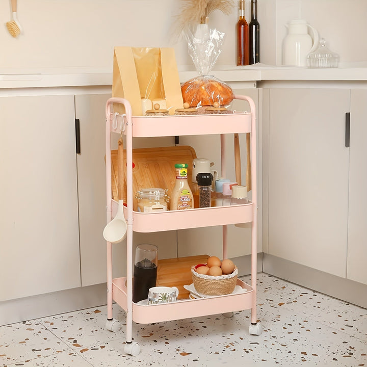 Carrito de almacenamiento metálico rodante de 3 niveles para champán, organizador versátil para cocina, baño, dormitorio – Reposabrazos suave, canastas de malla transpirable, estantes deslizantes, instalación en piso, organizador de dormitorio, canasta c
