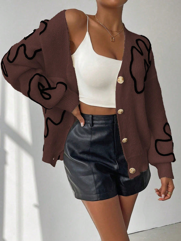 Frenchy cardigan casual de mujer con estampado floral, de manga larga y cuello en v, para otono/invierno