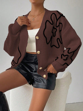 Frenchy cardigan casual de mujer con estampado floral, de manga larga y cuello en v, para otono/invierno