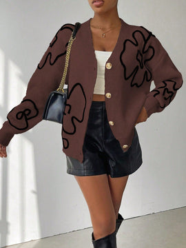 Frenchy cardigan casual de mujer con estampado floral, de manga larga y cuello en v, para otono/invierno