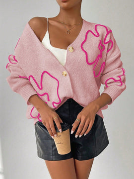 Frenchy cardigan casual de mujer con estampado floral, de manga larga y cuello en v, para otono/invierno