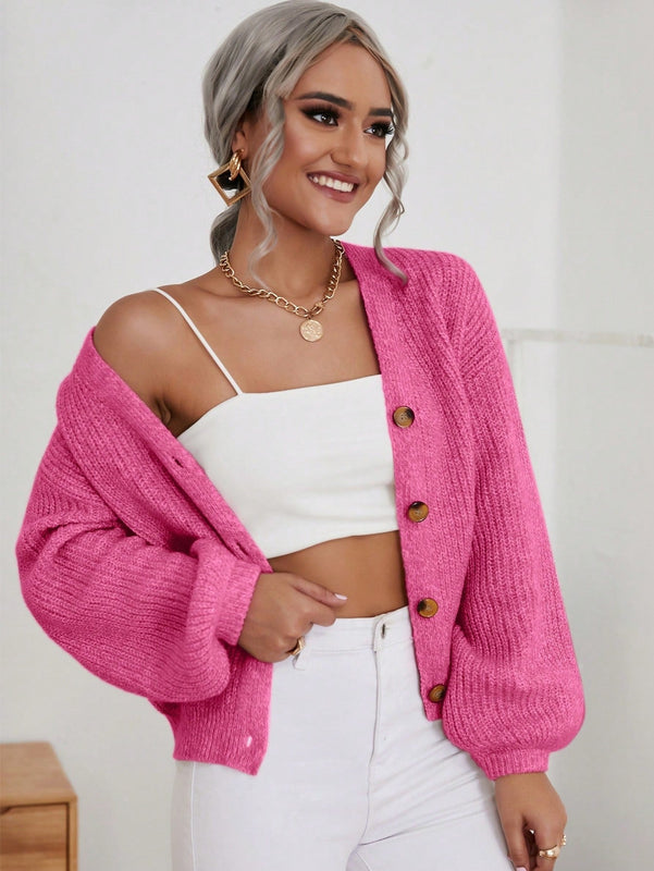 Frenchy cardigan de punto de manga larga, unicolor, con escote en v y botones frontales, versatil y casual