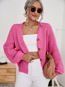 Frenchy cardigan de punto de manga larga, unicolor, con escote en v y botones frontales, versatil y casual