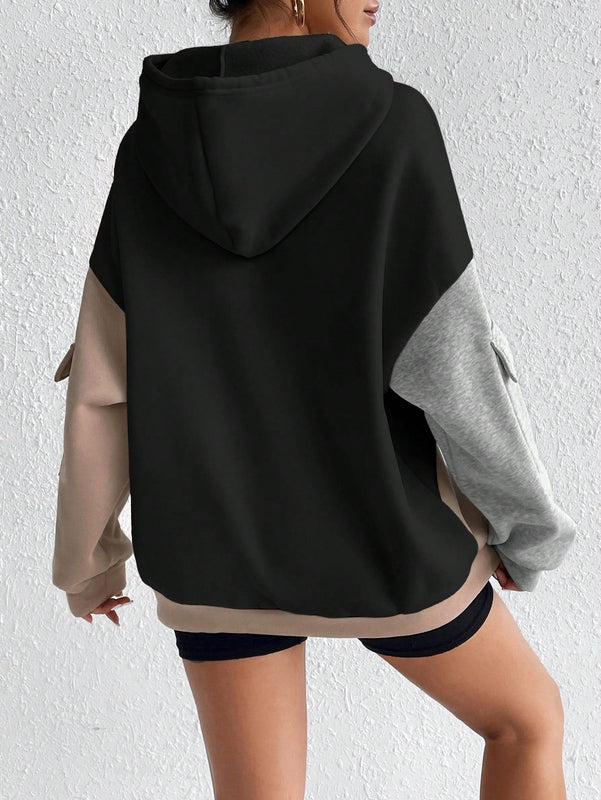 Moosta sudadera con capucha casual con bloque de color, bolsillo decorativo y mangas largas