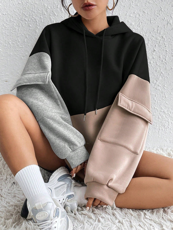 Moosta sudadera con capucha casual con bloque de color, bolsillo decorativo y mangas largas