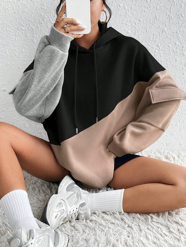 Moosta sudadera con capucha casual con bloque de color, bolsillo decorativo y mangas largas