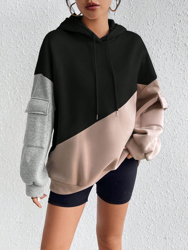 Moosta sudadera con capucha casual con bloque de color, bolsillo decorativo y mangas largas