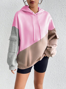Moosta sudadera con capucha casual con bloque de color, bolsillo decorativo y mangas largas