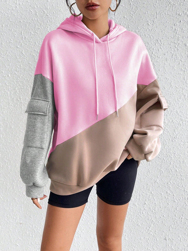 Moosta sudadera con capucha casual con bloque de color, bolsillo decorativo y mangas largas