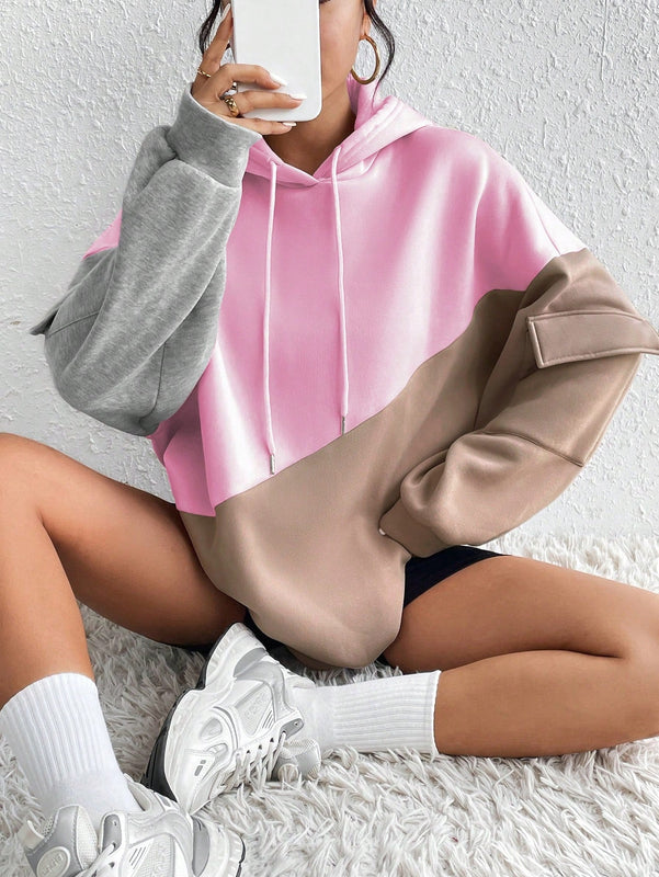 Moosta sudadera con capucha casual con bloque de color, bolsillo decorativo y mangas largas