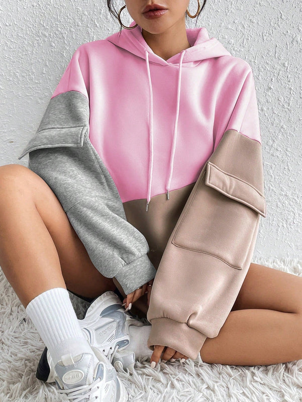 Moosta sudadera con capucha casual con bloque de color, bolsillo decorativo y mangas largas