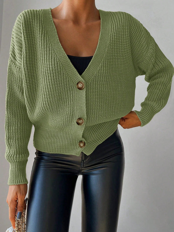 Cardigan casual de un solo botonadura de mangas largas y hombros caidos de unicolor para mujer, otono/invierno