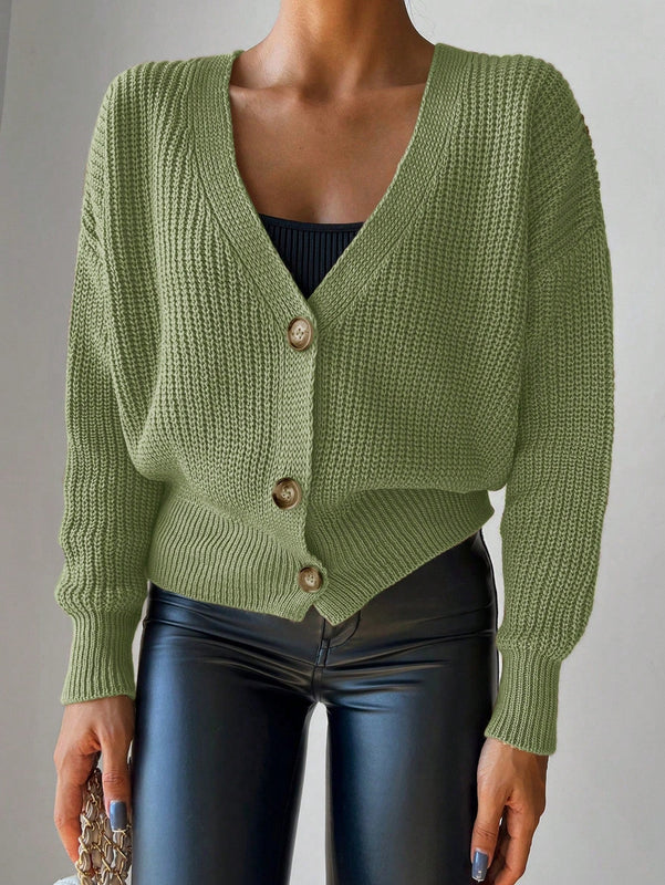 Cardigan casual de un solo botonadura de mangas largas y hombros caidos de unicolor para mujer, otono/invierno